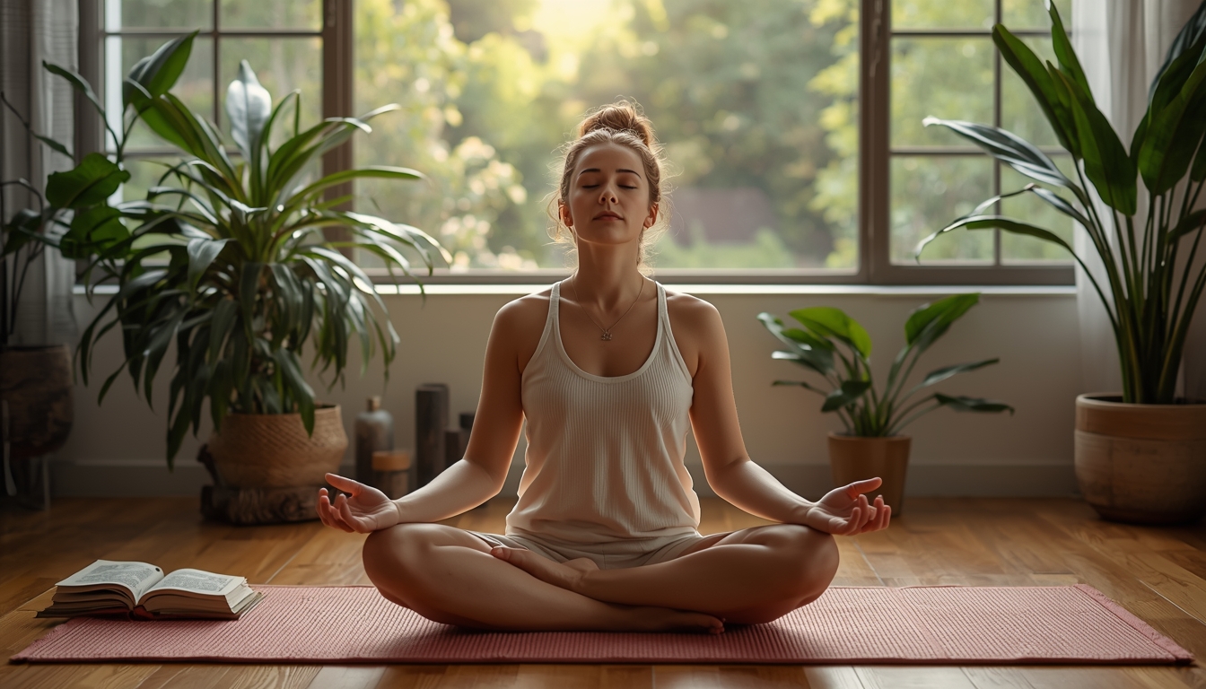 Person practicing mindfulness and stress relief techniques in a peaceful environment