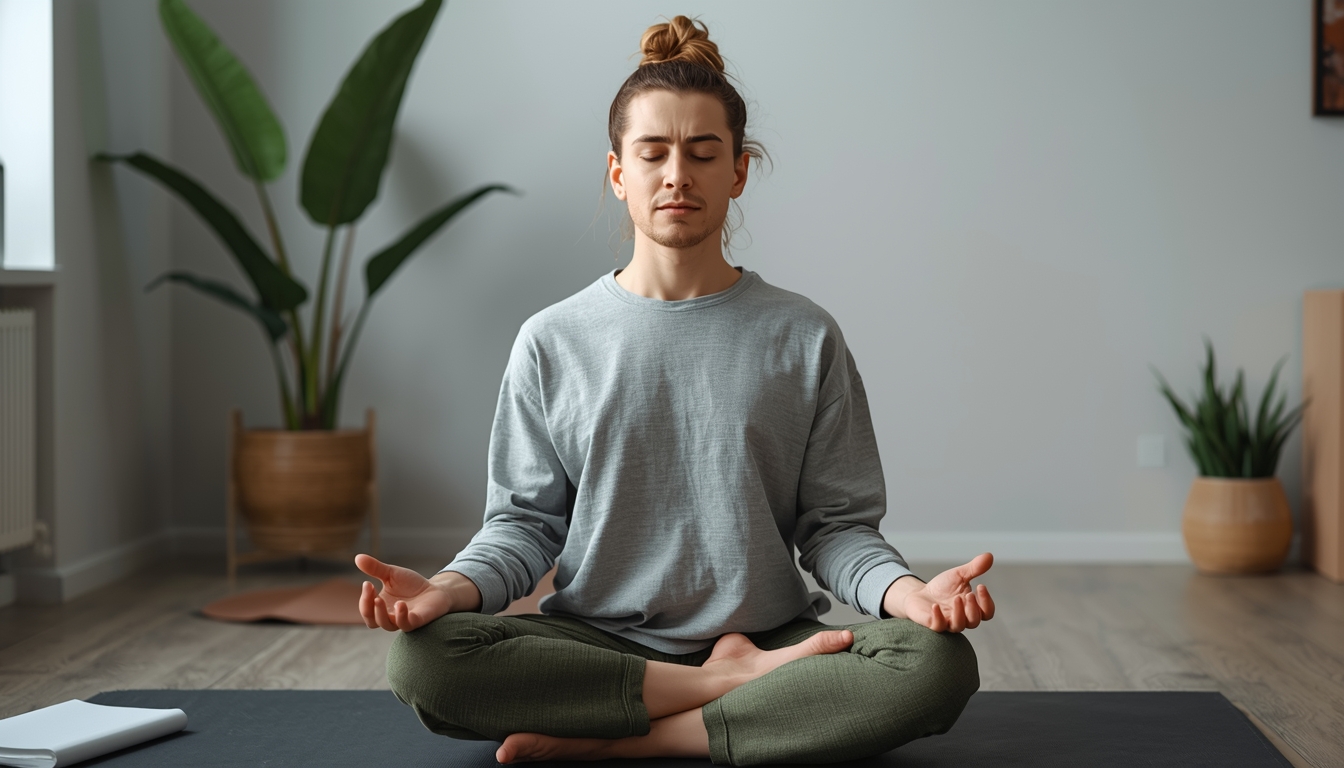 Person engaging in mindful stress management practices in a calm setting